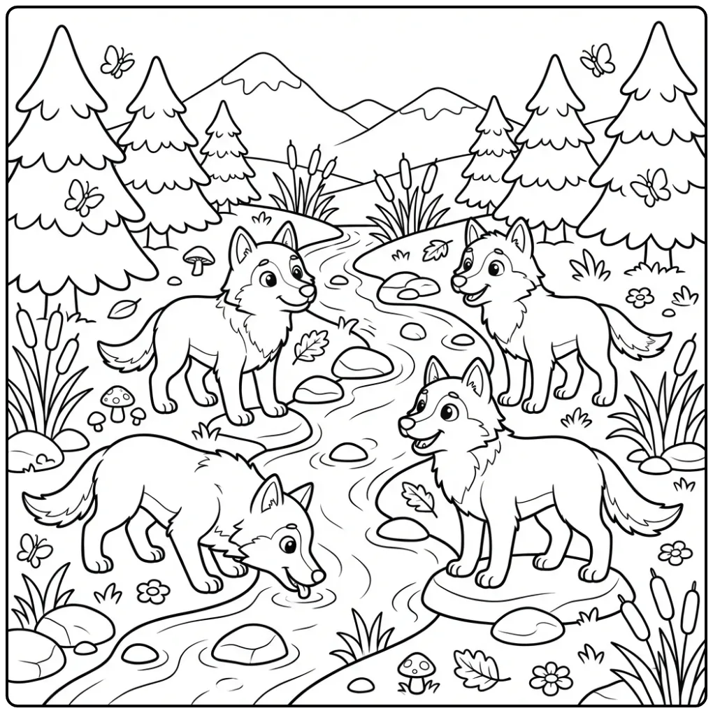 Wolf coloring page featuring wolves by a stream