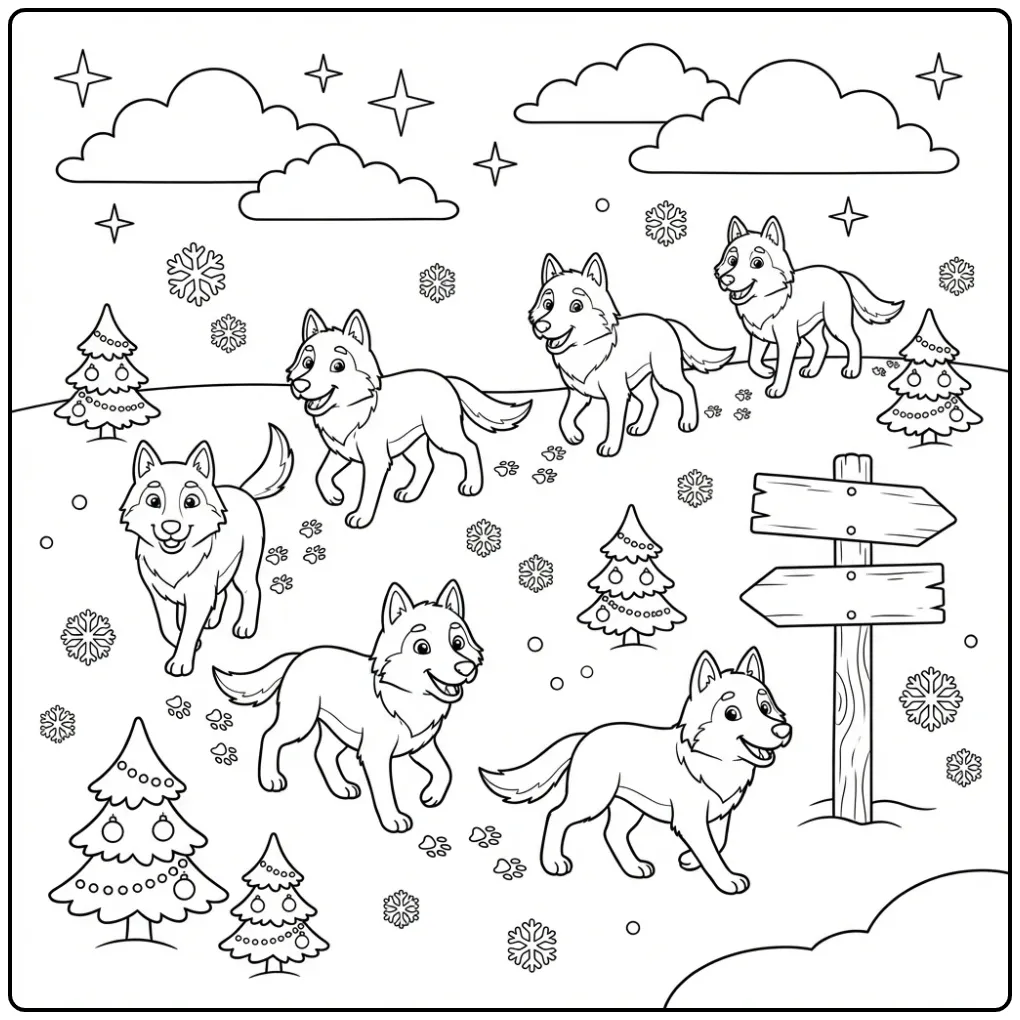 Wolf coloring page showing a pack of wolves in snow