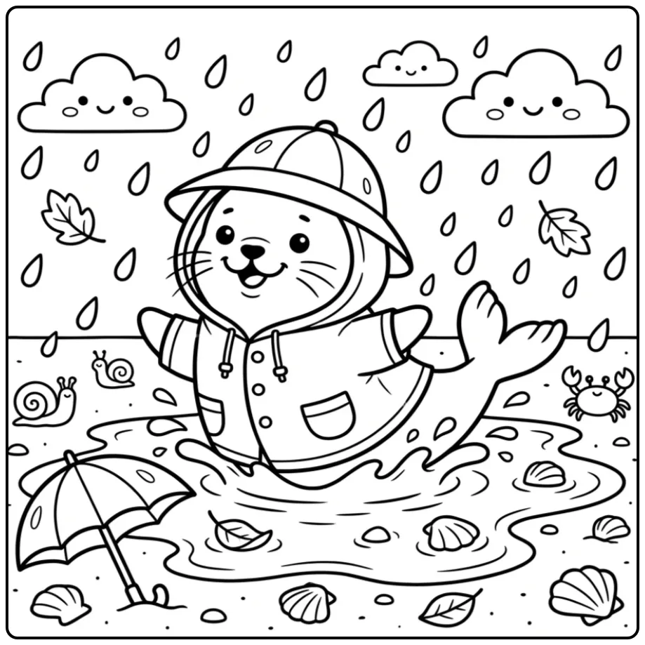 Seal coloring page showing a seal in the rain
