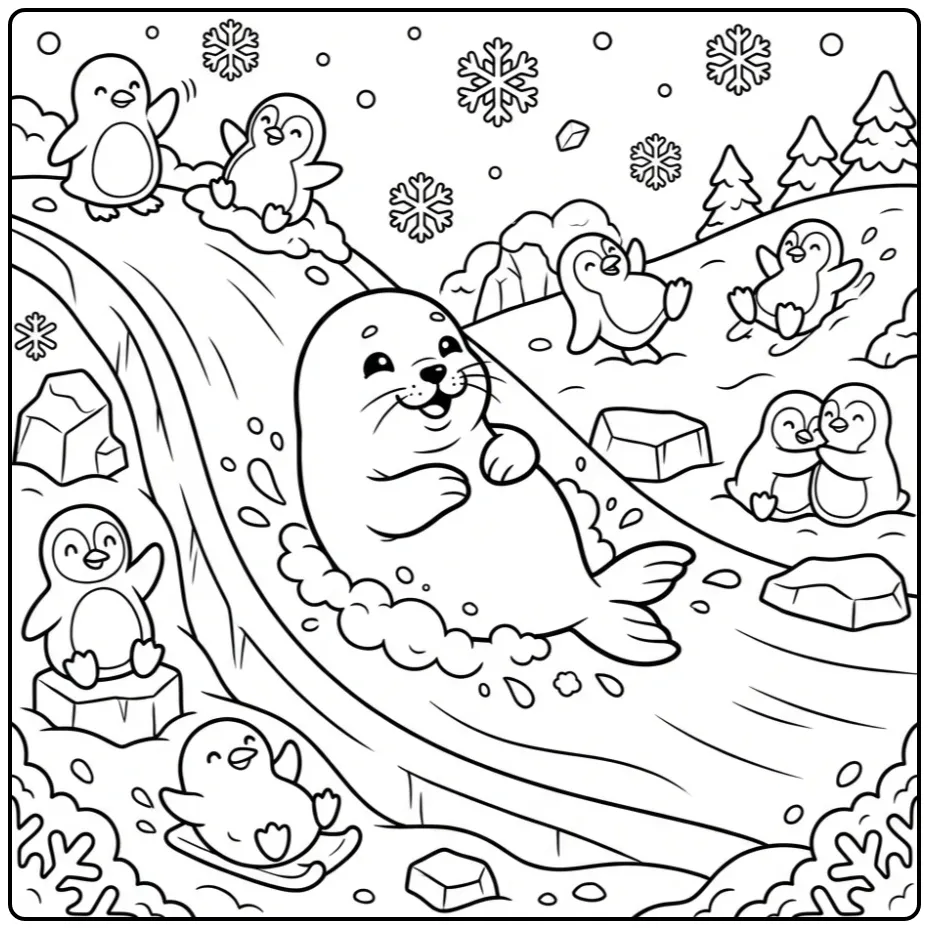 Seal coloring page showing a seal sliding on ice