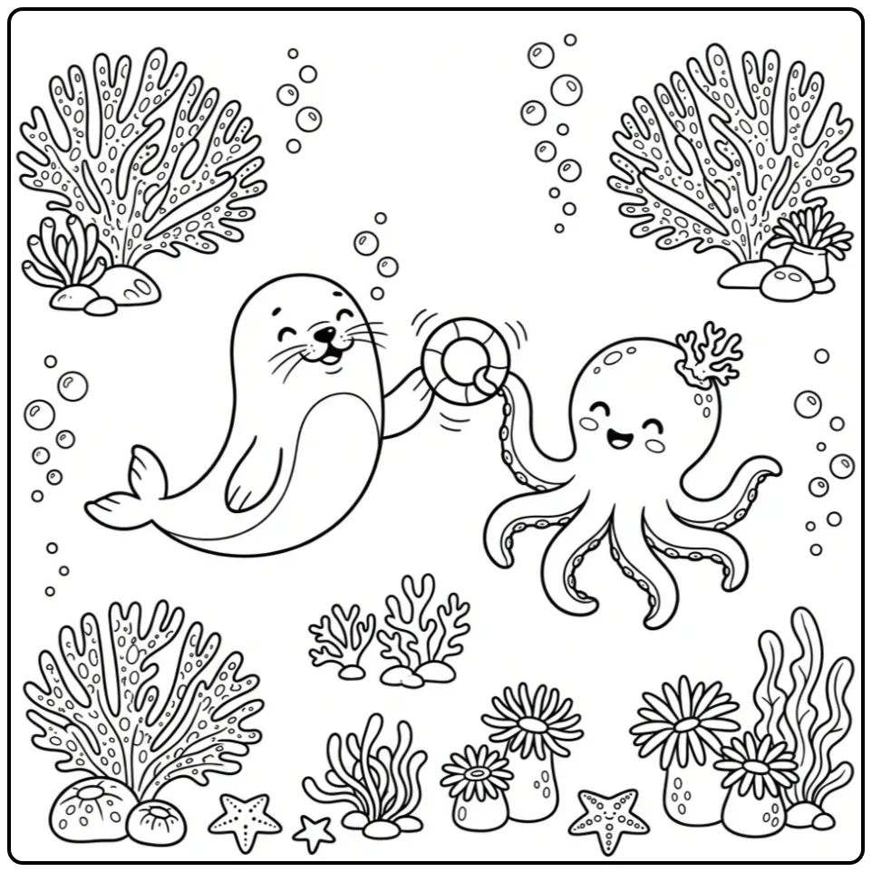 Seal coloring page featuring a seal and octopus playing