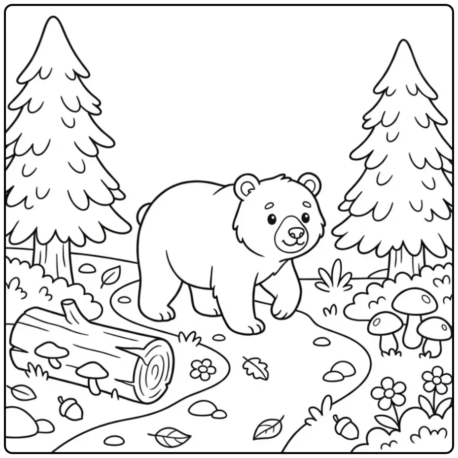 Easy bear coloring page with mushrooms and trees