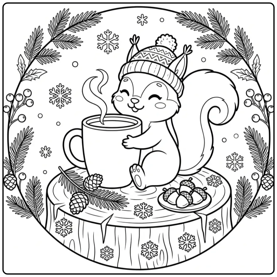Winter squirrel coloring page with a mug and hat
