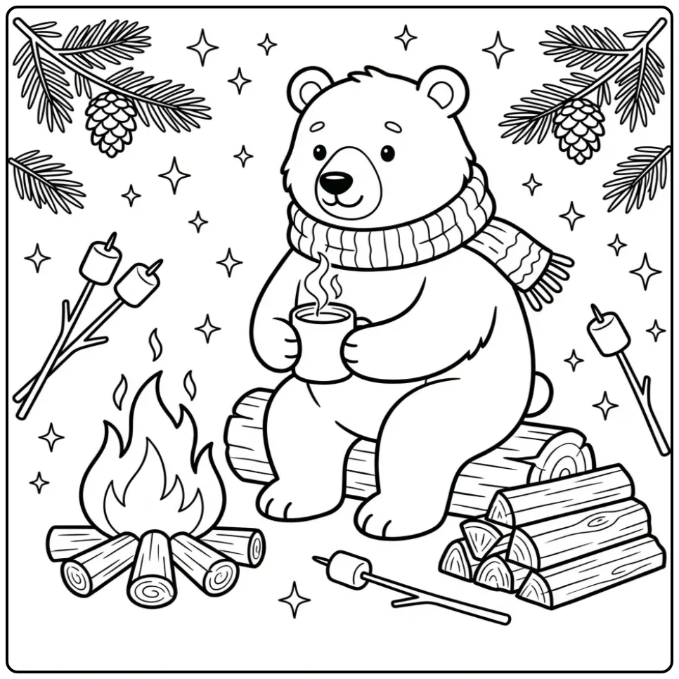 Cute bear coloring page by a campfire with a scarf