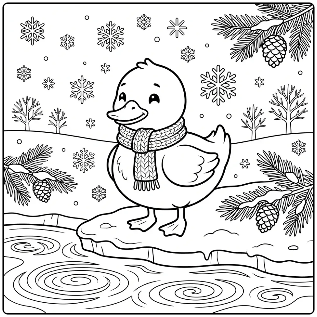 Duck coloring page with a scarf on a frozen pond