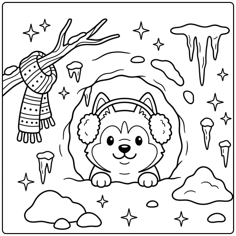Winter Husky in a Snow Tunnel with Ear Warmers coloring page