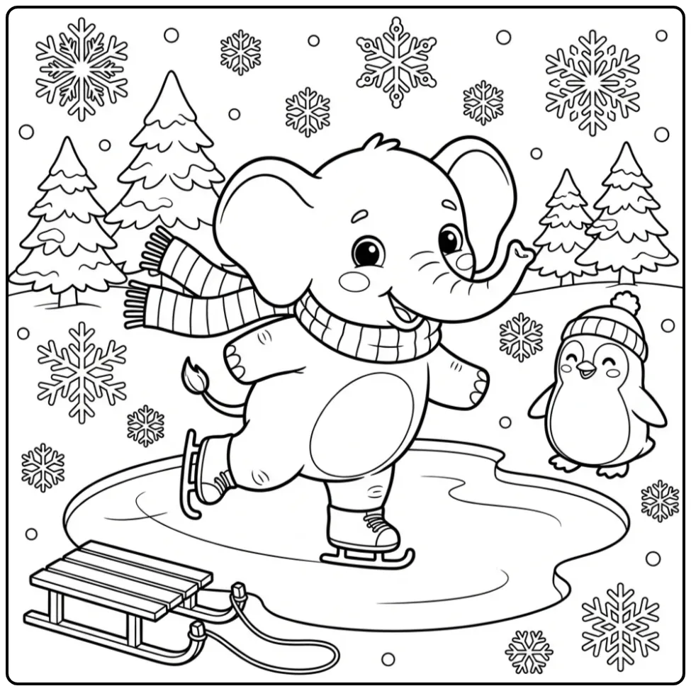 Elephant coloring page skating on ice in winter
