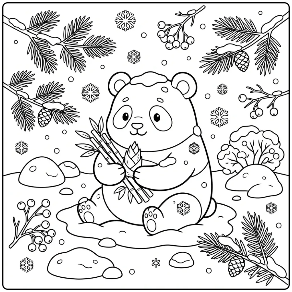 Panda coloring page eating bamboo in the snow