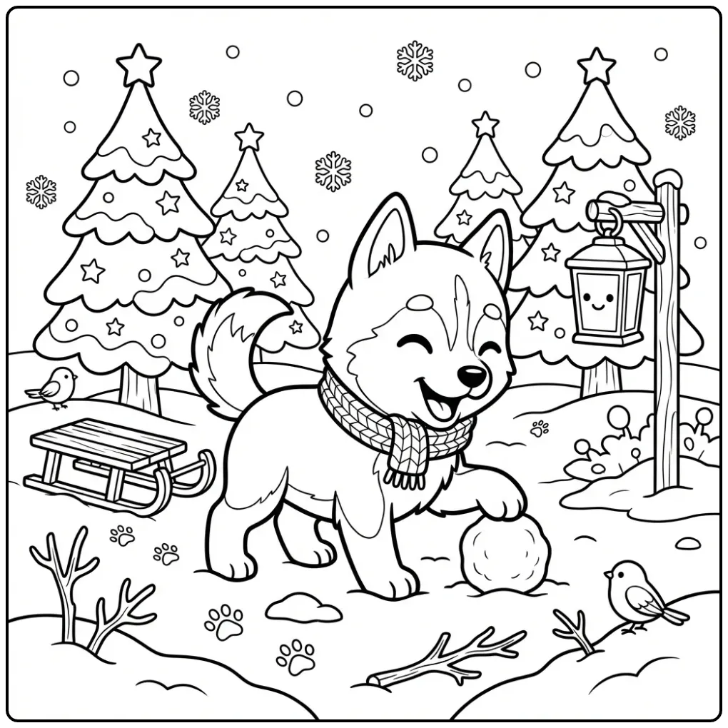 Winter Husky Puppy Playing in the Snow coloring page
