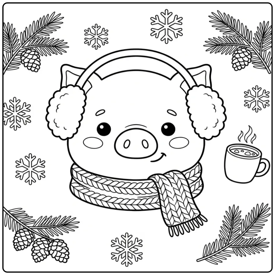 Pig head coloring page with a scarf and hot cocoa