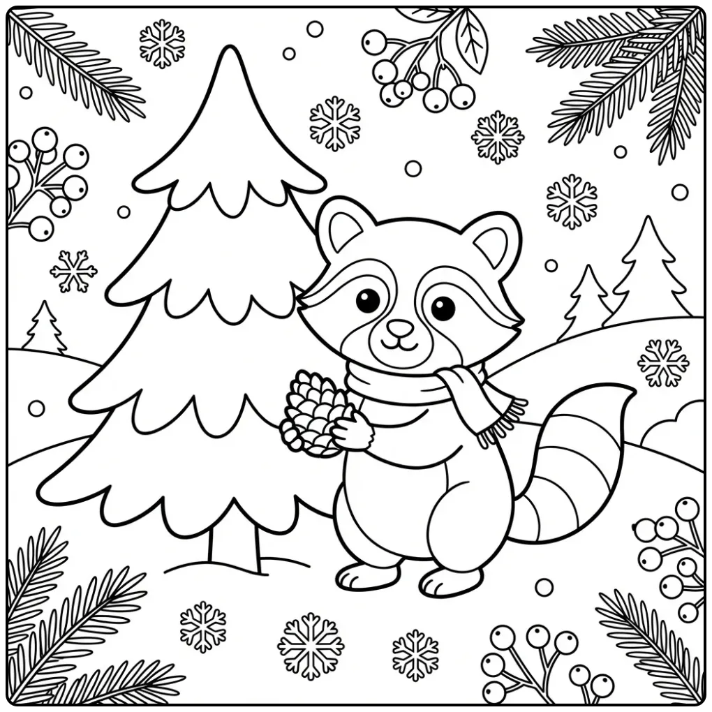 Cute raccoon coloring page with a pinecone in the snow