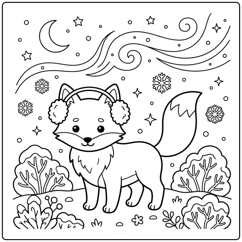Arctic fox coloring page with earmuffs and stars