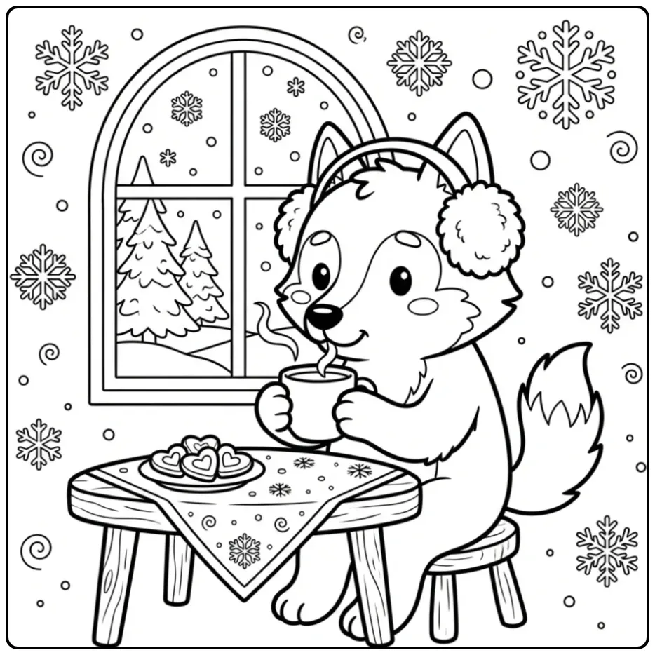Cute wolf coloring page showing a wolf with cocoa