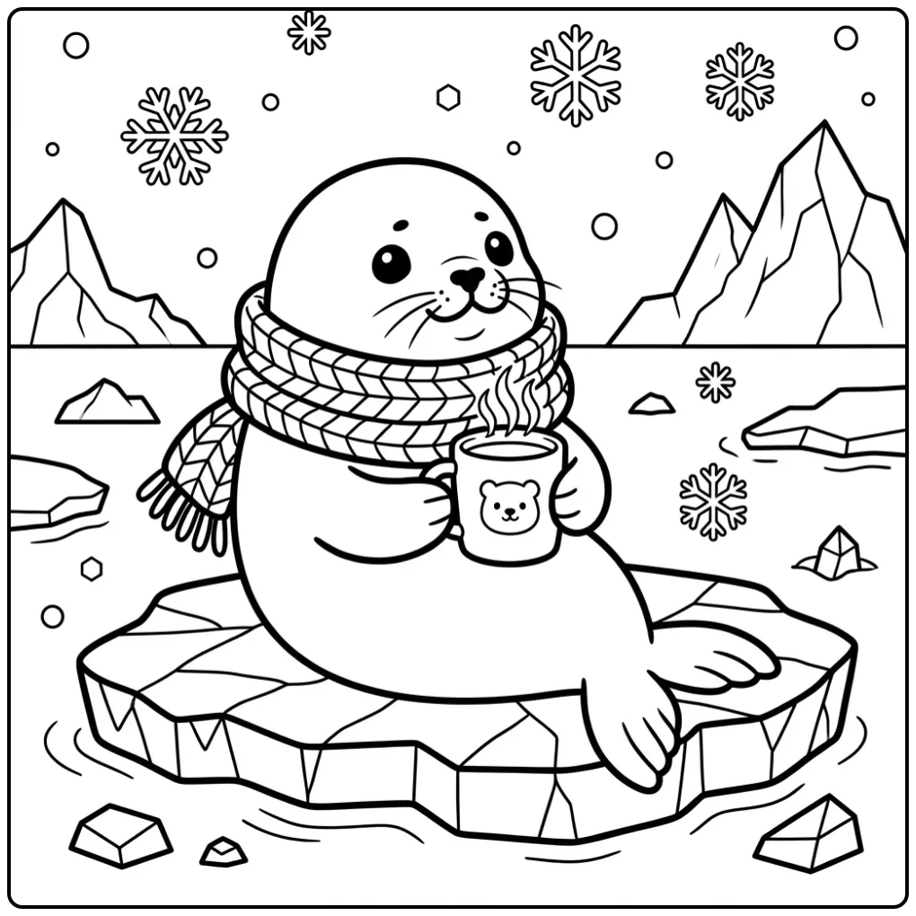 Seal coloring page showing a seal with cocoa and a scarf