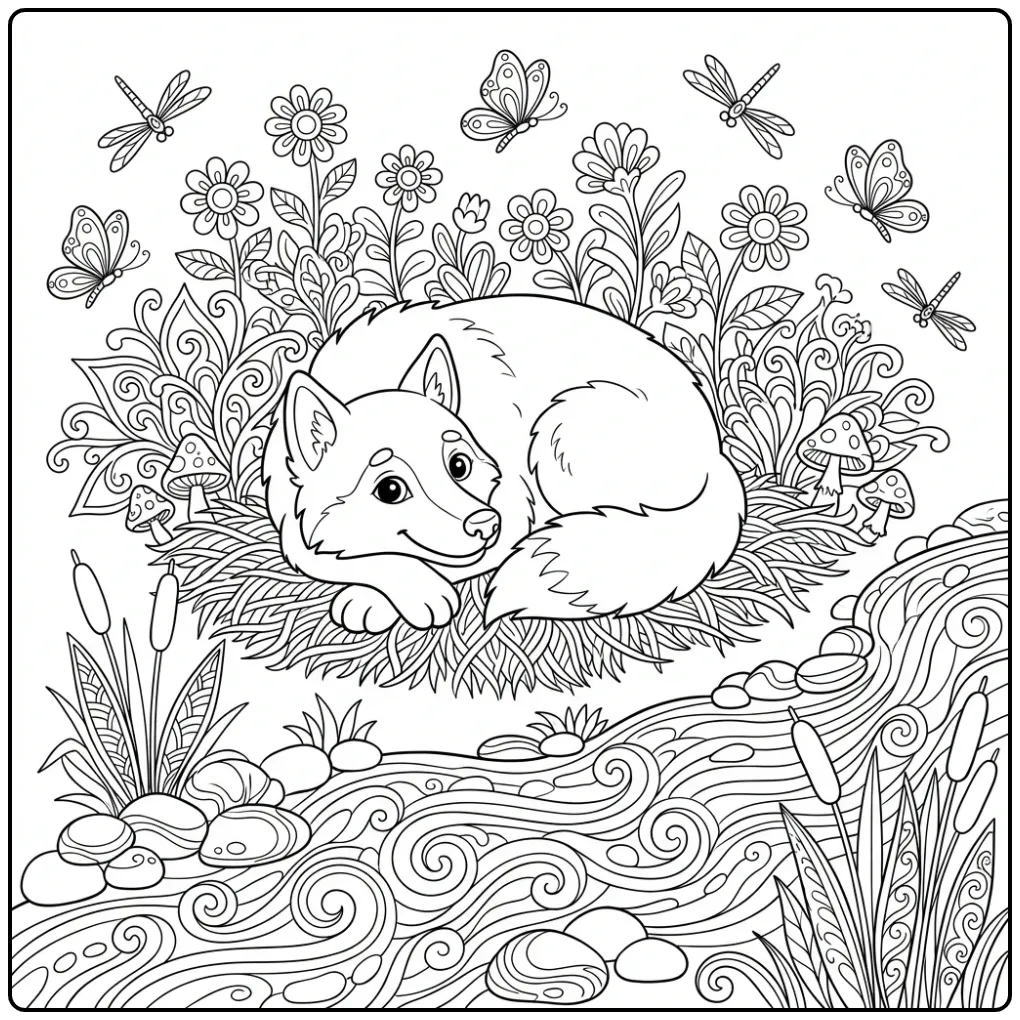 Adult wolf coloring page showing a wolf by the river
