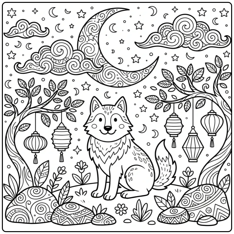 Adult wolf coloring page showing a wolf with lanterns