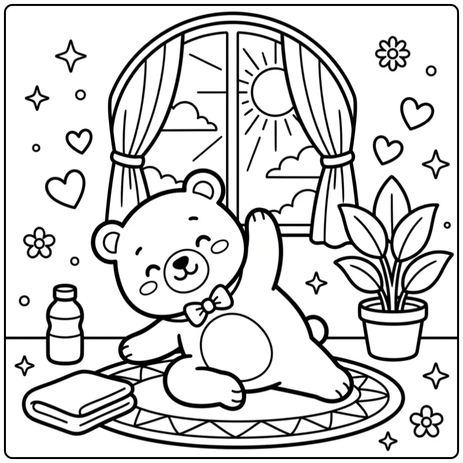 Teddy bear coloring page doing yoga exercises