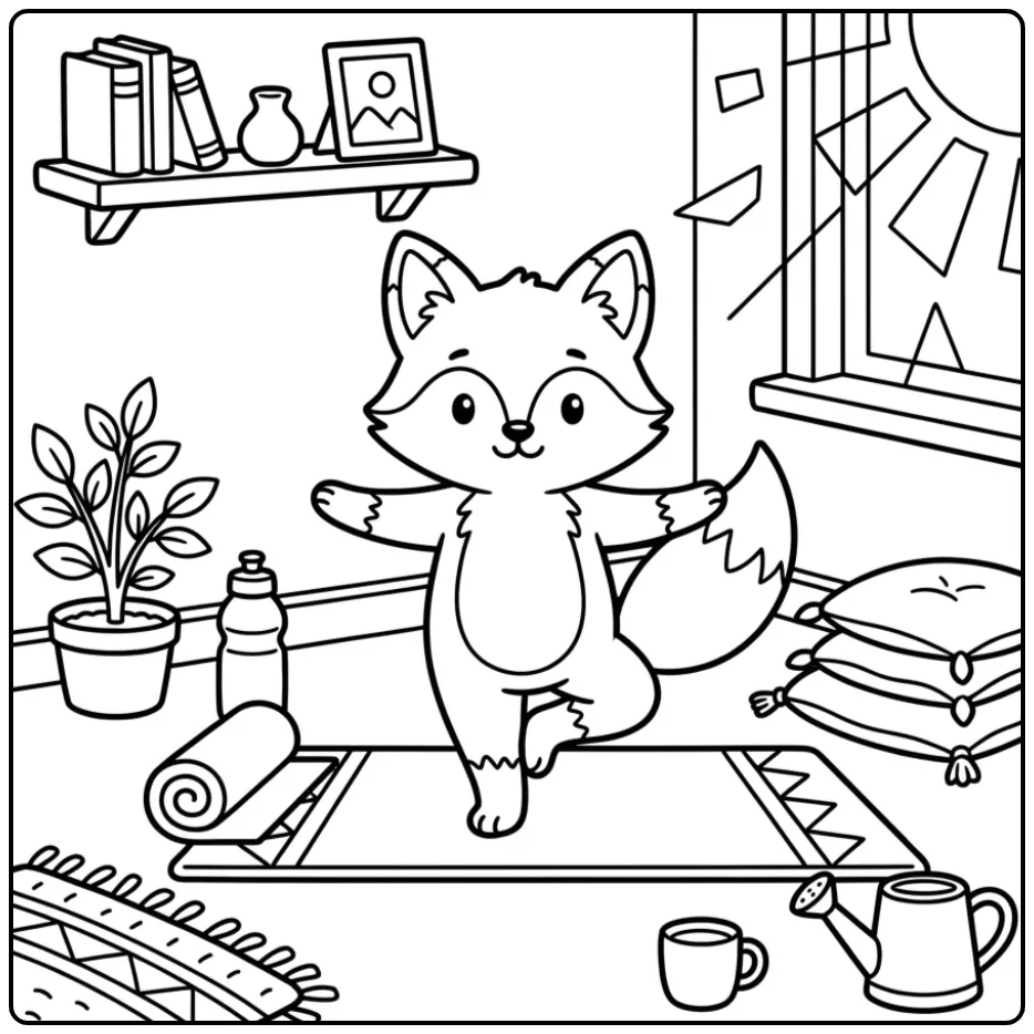 Fox coloring page doing yoga on a mat
