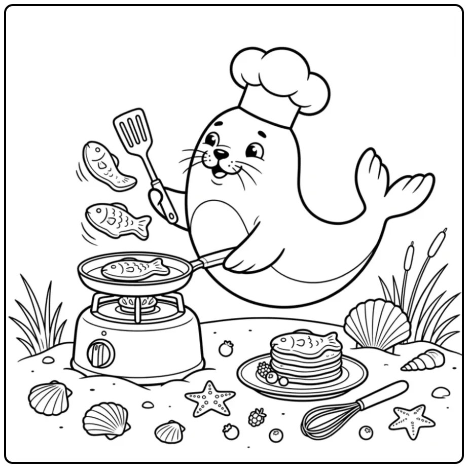 Seal coloring page featuring a chef seal baking