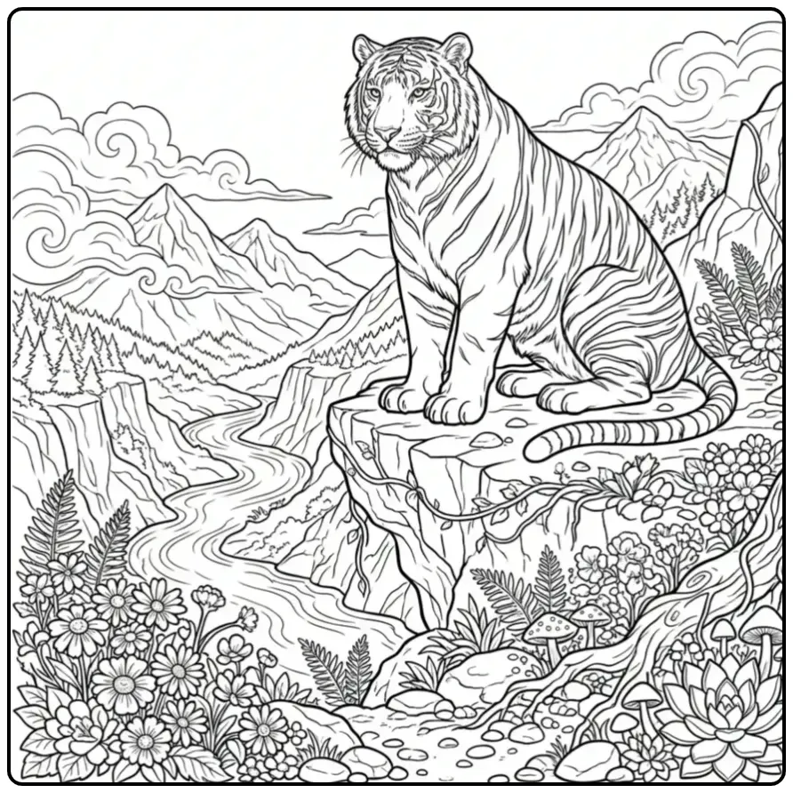 Adult tiger coloring page with mountains and flowers