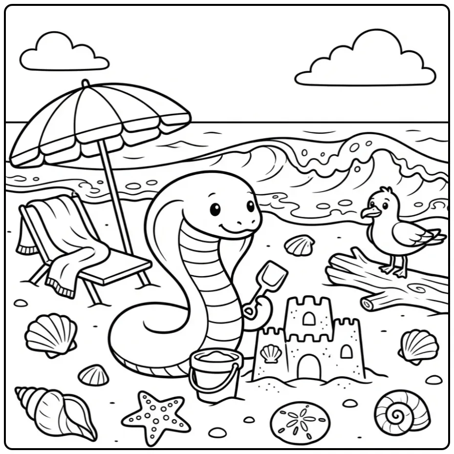 Cobra coloring page building a sandcastle at the beach