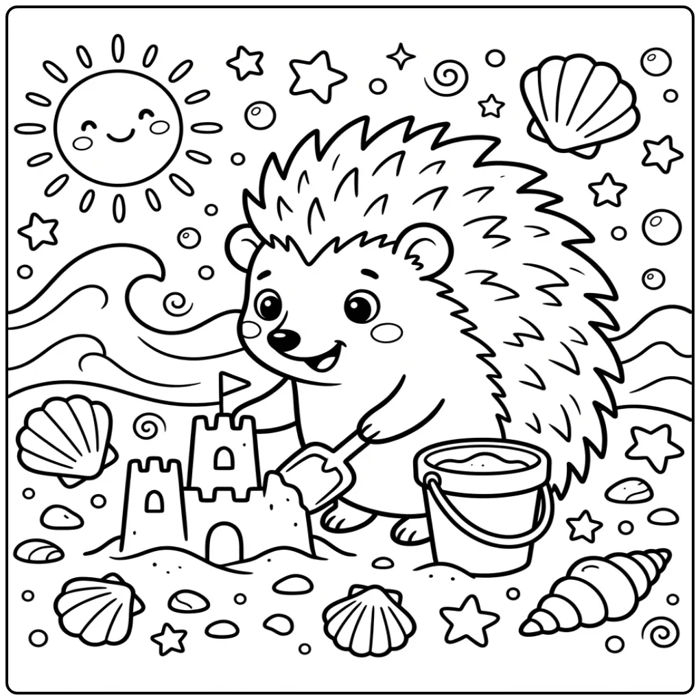 Hedgehog coloring page building a sandcastle on the beach
