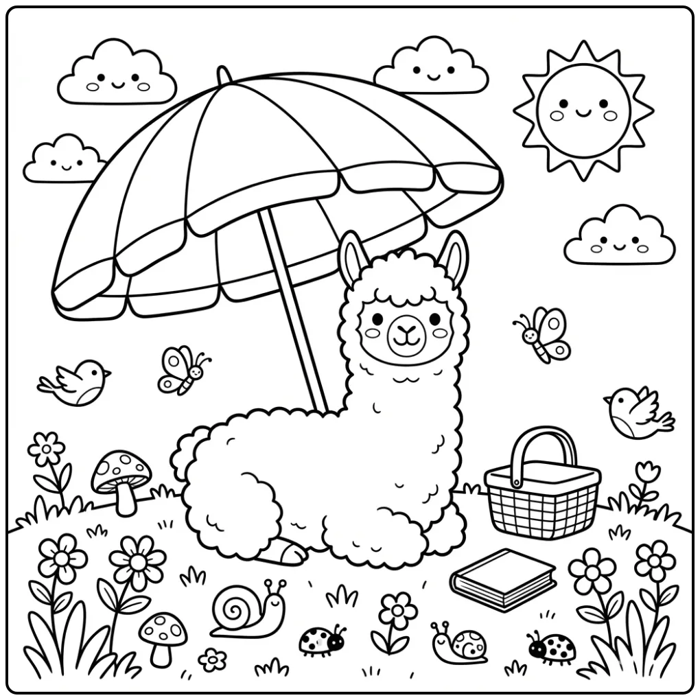Cute alpaca coloring page resting under a parasol