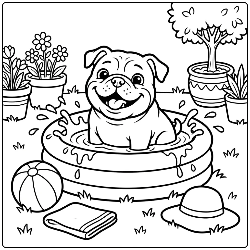 Summer Bulldog with Swimming Pool and Beach Ball coloring page
