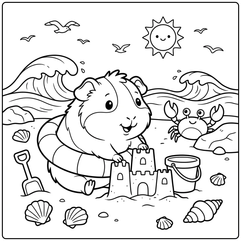 Guinea Pig coloring page building a sandcastle at the beach