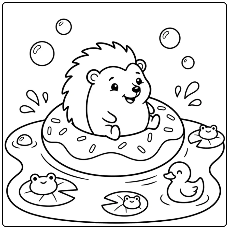 Cute hedgehog coloring page floating in a donut swim ring