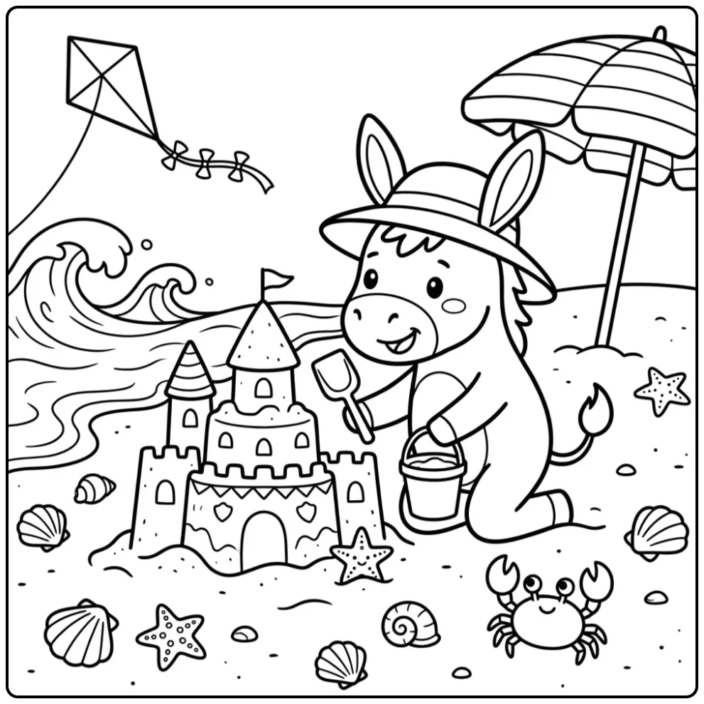 Donkey coloring page building a sandcastle at the beach