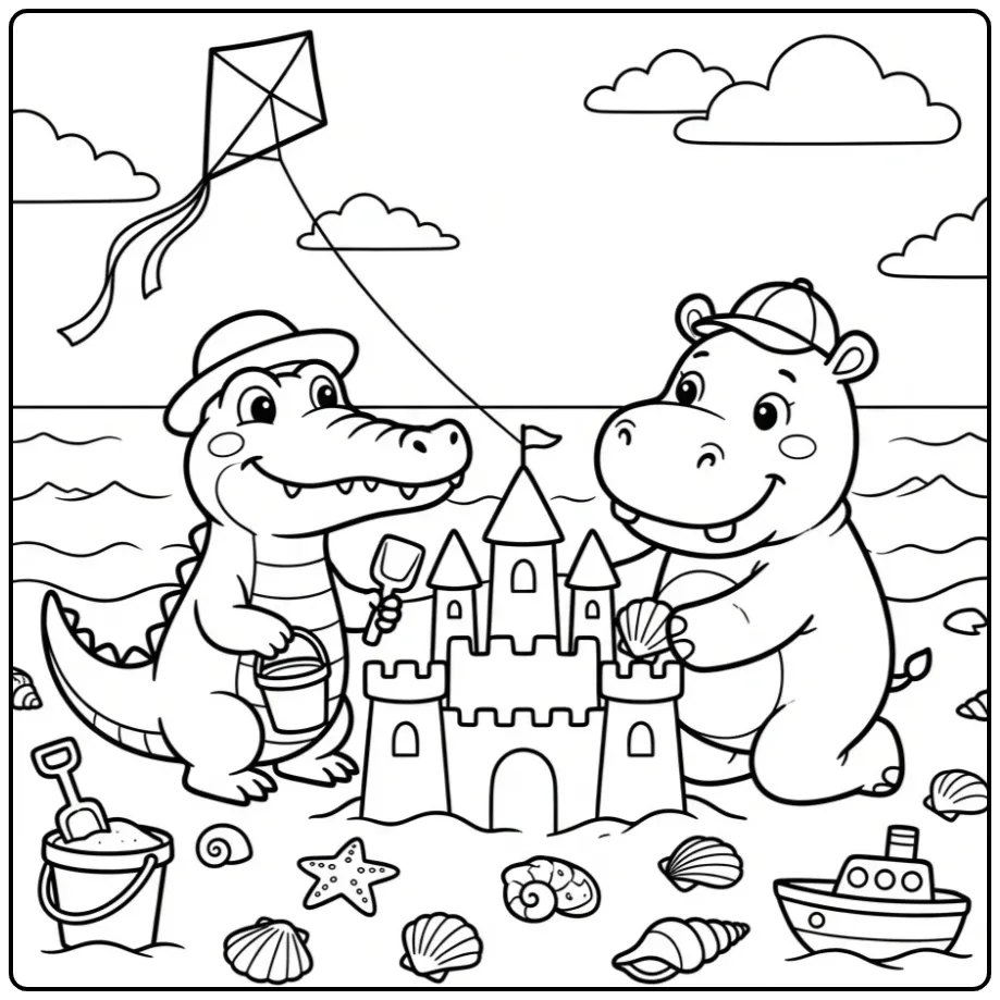 Crocodile coloring page showing a beach sandcastle scene