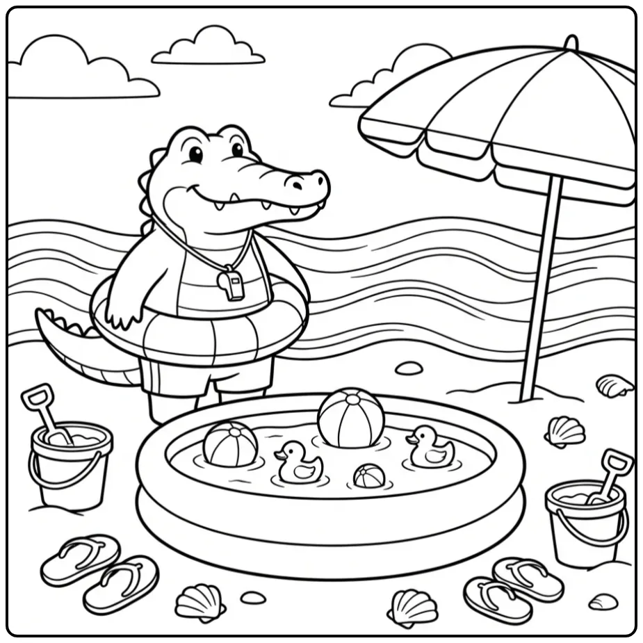 Crocodile coloring page showing a crocodile as a lifeguard