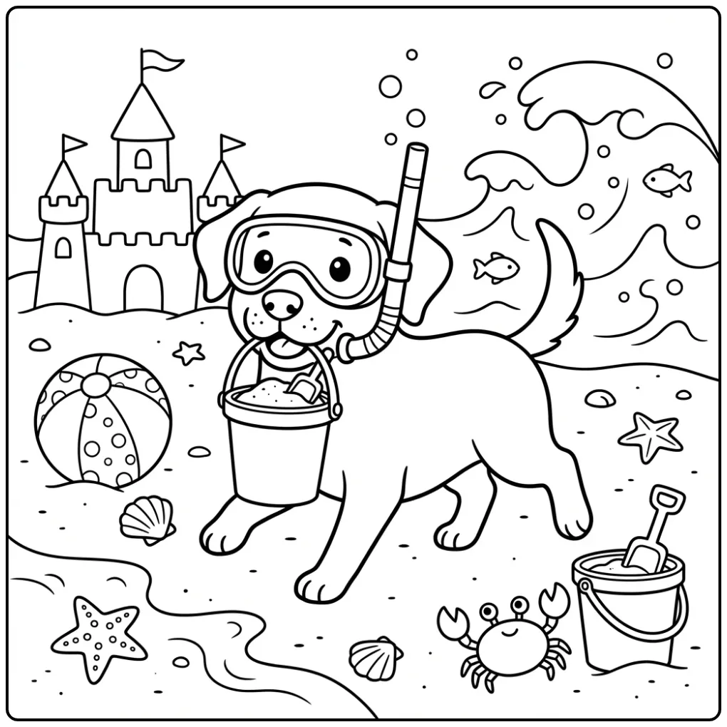 Summer Labrador Playing on the Beach with a Bucket coloring page
