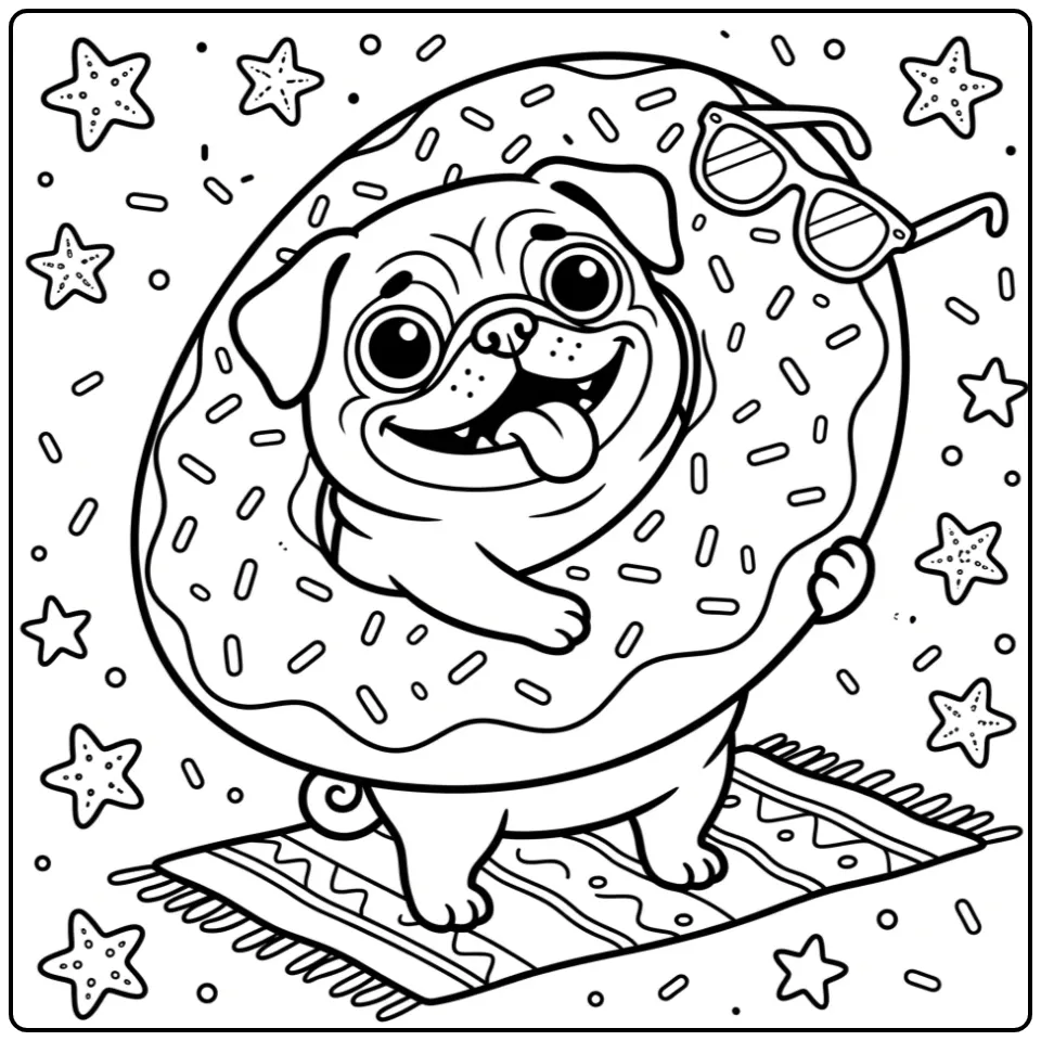 Summer Pug on the Beach with a Swim Ring coloring page