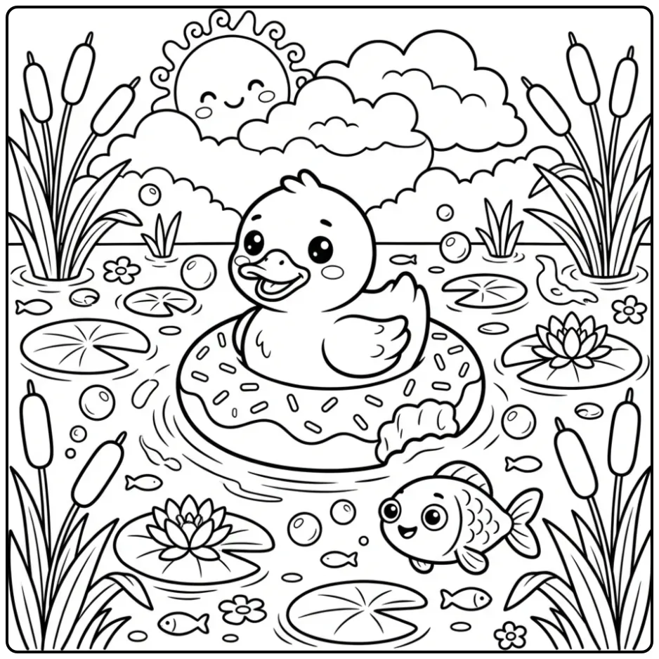 Cute baby duck coloring page on a donut float in water