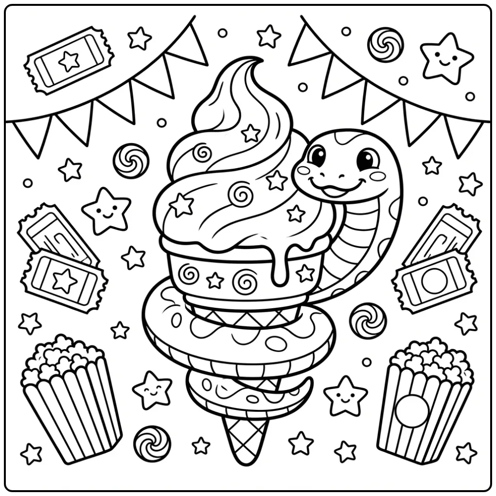 Snake coloring page featuring a summer fair snake with ice cream