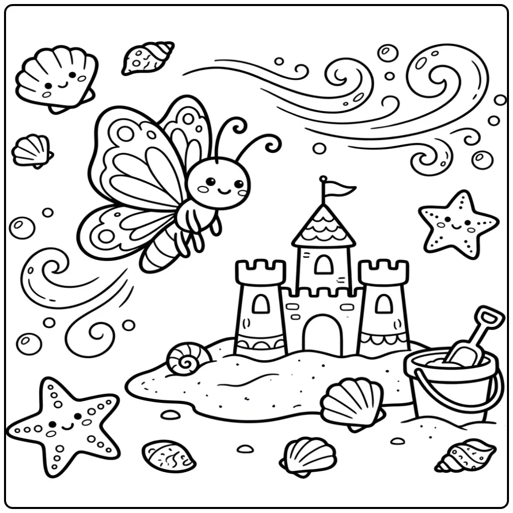 Butterfly coloring page flying past a sandcastle