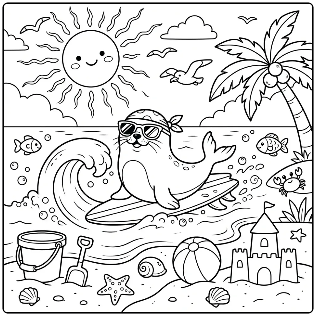 Seal coloring page showing a surfing seal