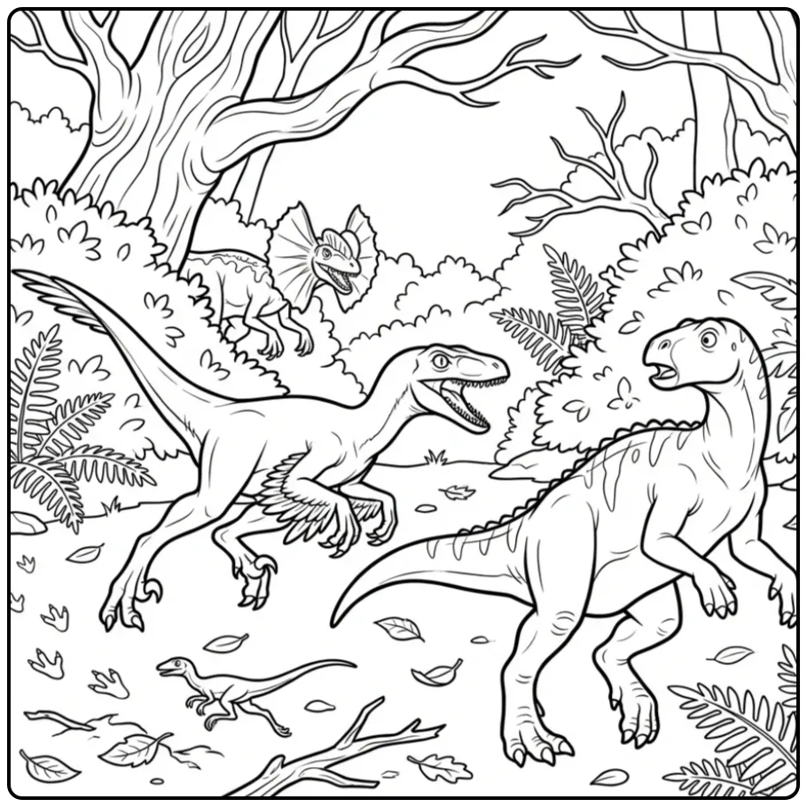 Action-packed Dinosaur Chase in the Forest coloring page