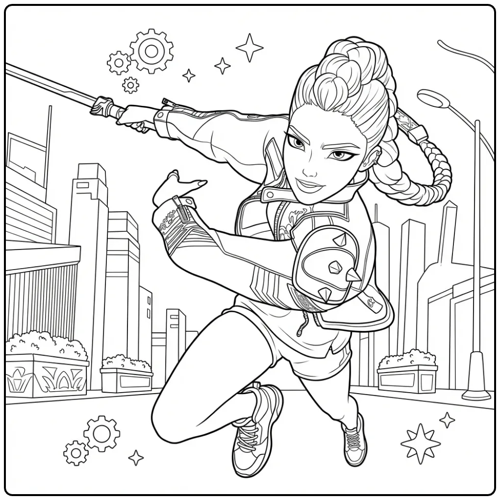 Action-packed KPop Demon Hunters Rumi coloring page