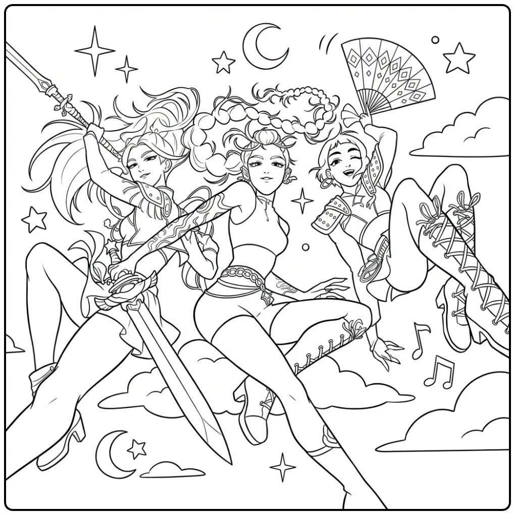 Action-packed KPop Demon Hunters in the Clouds and Stars coloring page