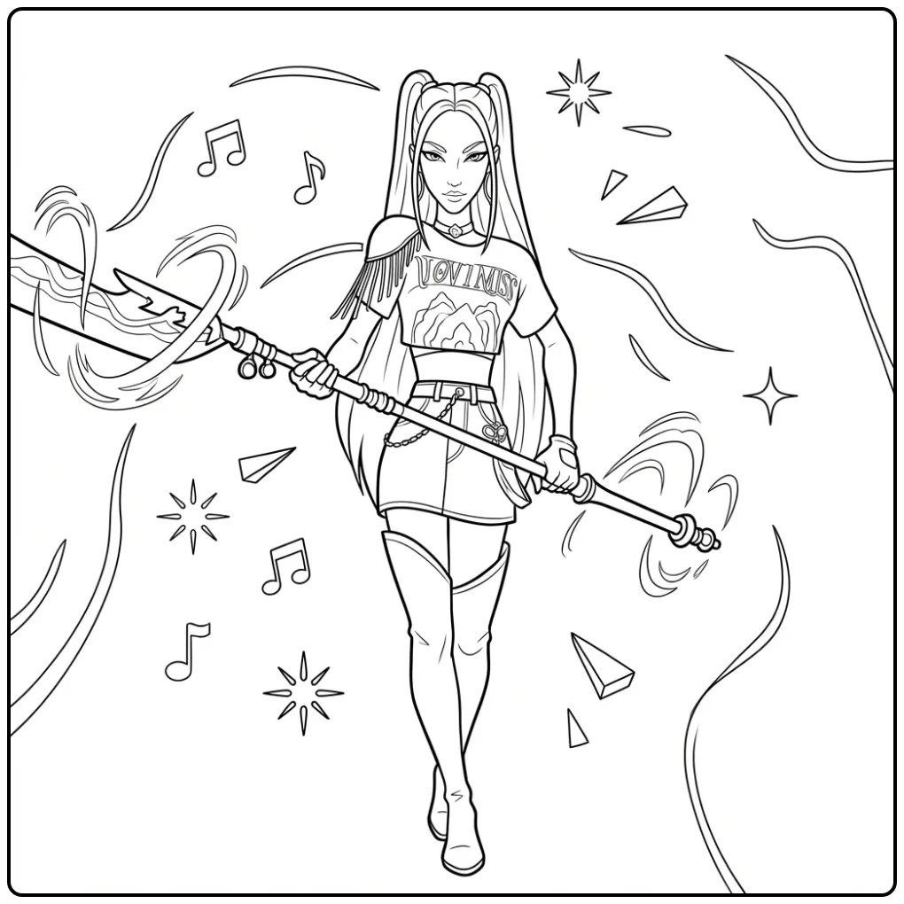 Action-packed KPop Demon Hunters Mira with a Weapon coloring page