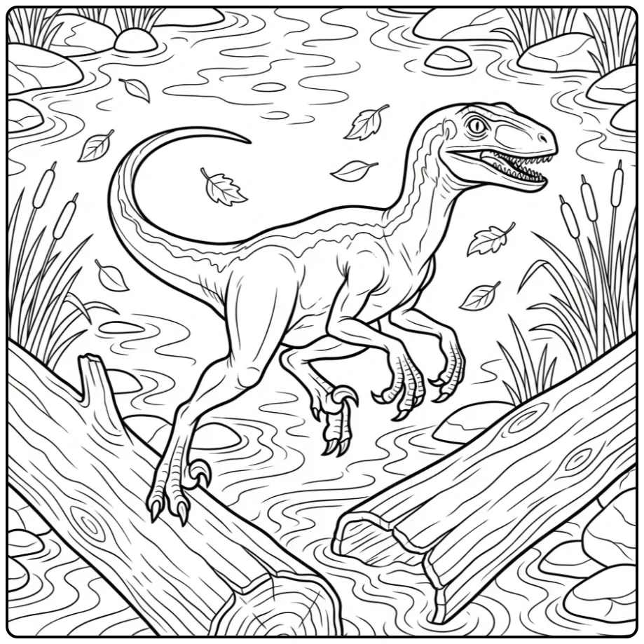 Action-packed Raptor Jumping Over Tree Trunks coloring page