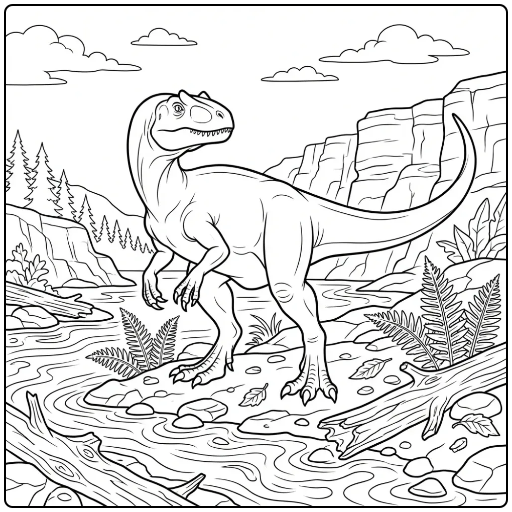 Realistic Allosaurus coloring page on a rocky riverbank