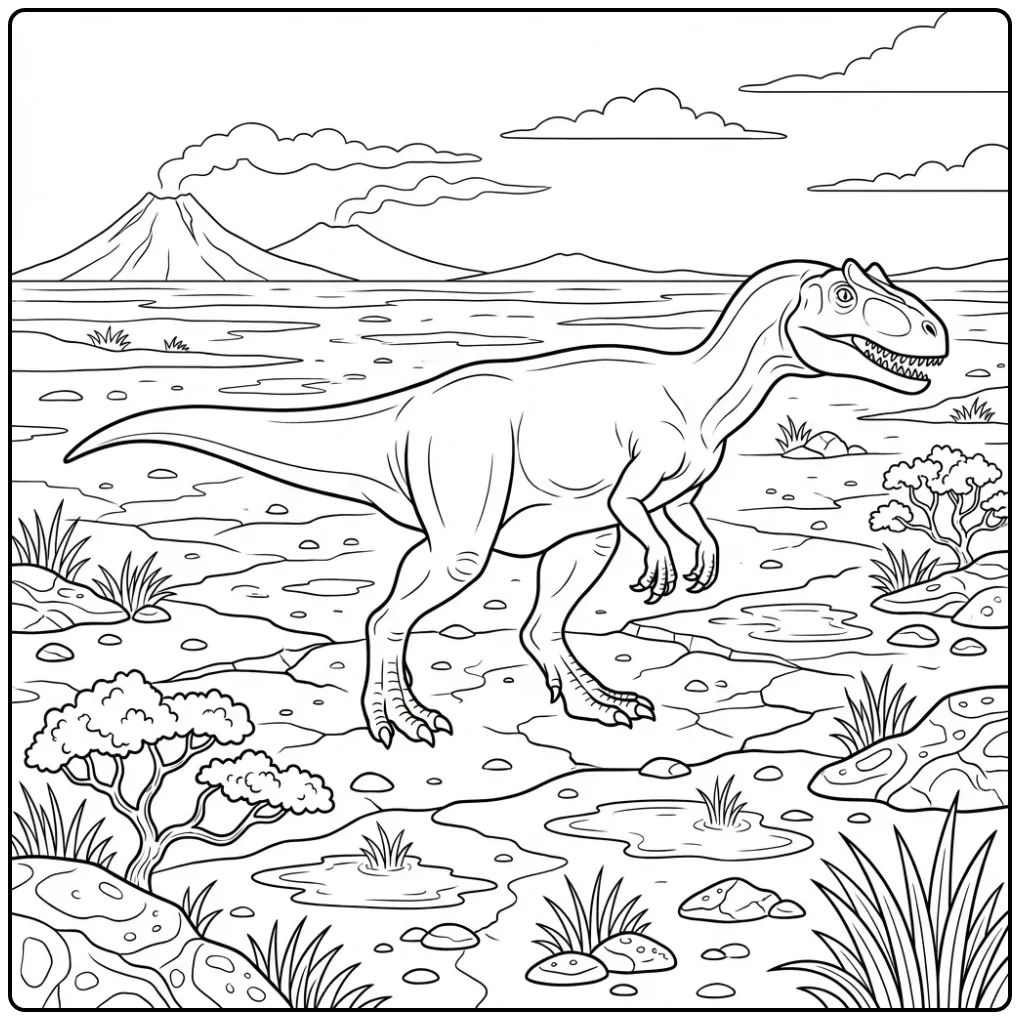 Realistic Allosaurus coloring page on an open muddy plain