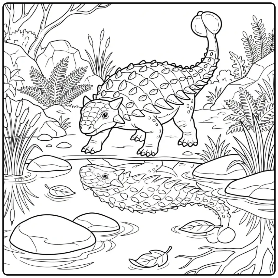 Ankylosaurus coloring page with reeds and stones in water
