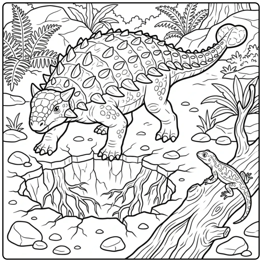 Ankylosaurus coloring page by a sinkhole and small lizard