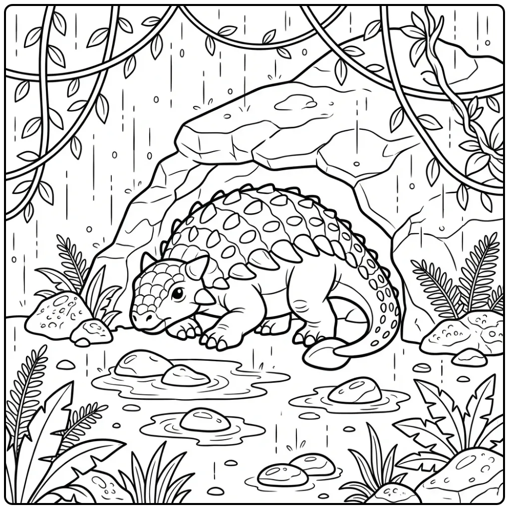 Ankylosaurus coloring page sheltering under a rock in the rain