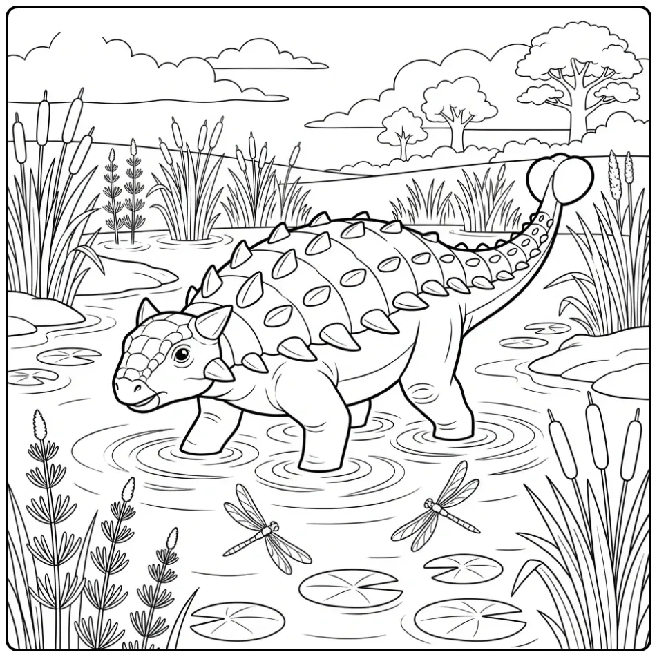 Detailed Ankylosaurus coloring page in the water